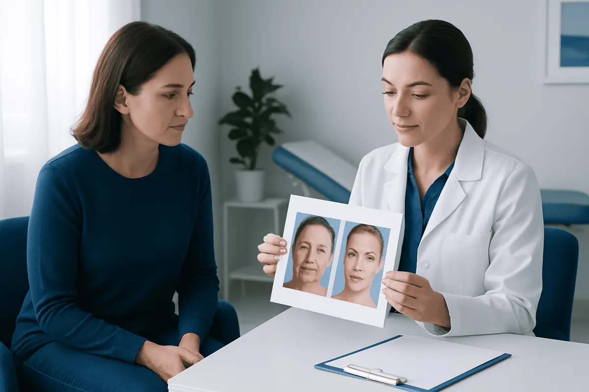 Doctor showing before-and-after facial images to patient in consultation room.