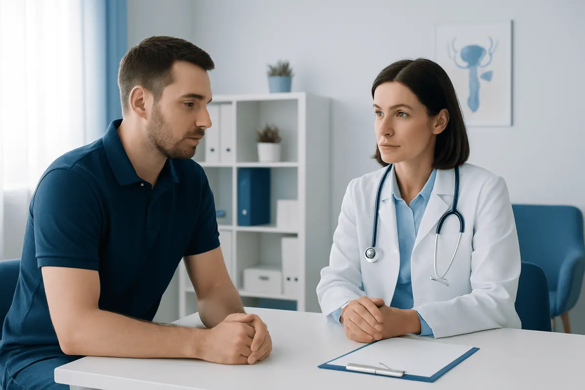 Doctor consulting with male patient in a medical office setting.
