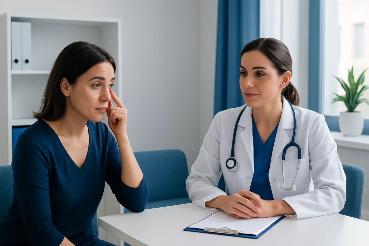 Doctor consulting with patient about eye puffiness treatment options.
