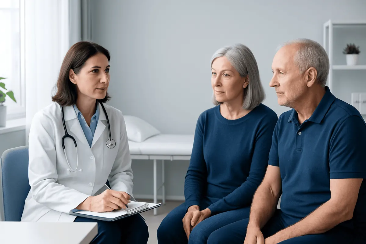 Doctor consulting with elderly couple about health in a clinic setting.