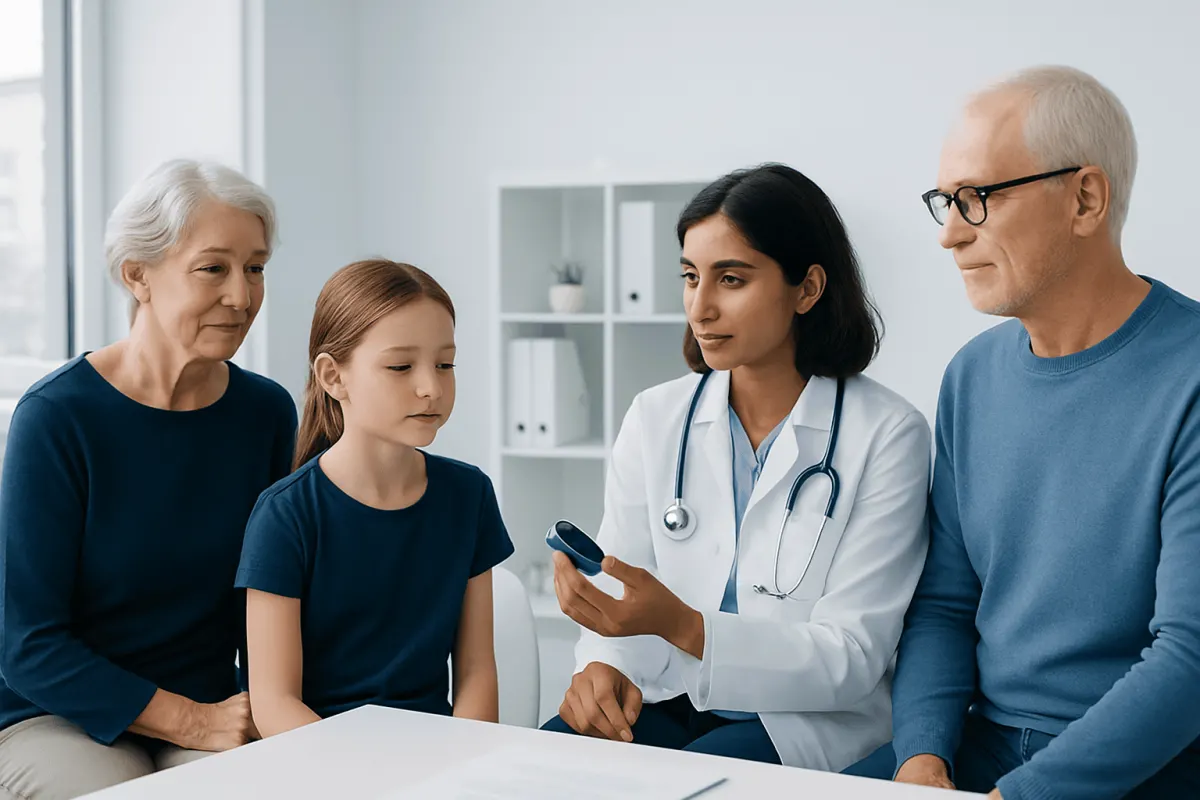 Doctor explaining health info to family in a clinic setting.