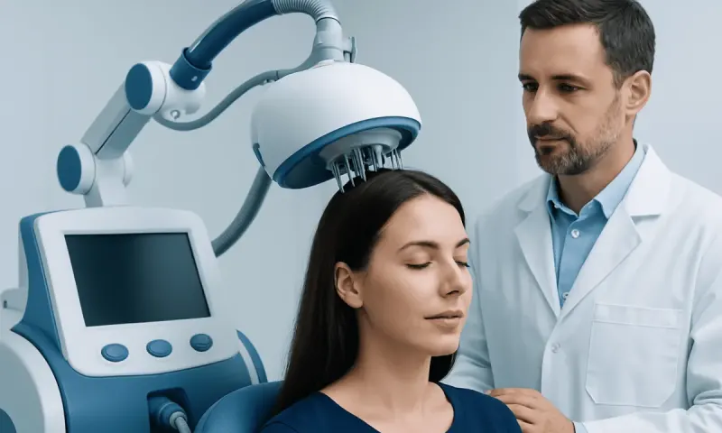 Medical professional performs skin treatment on a woman in a clinical setting.