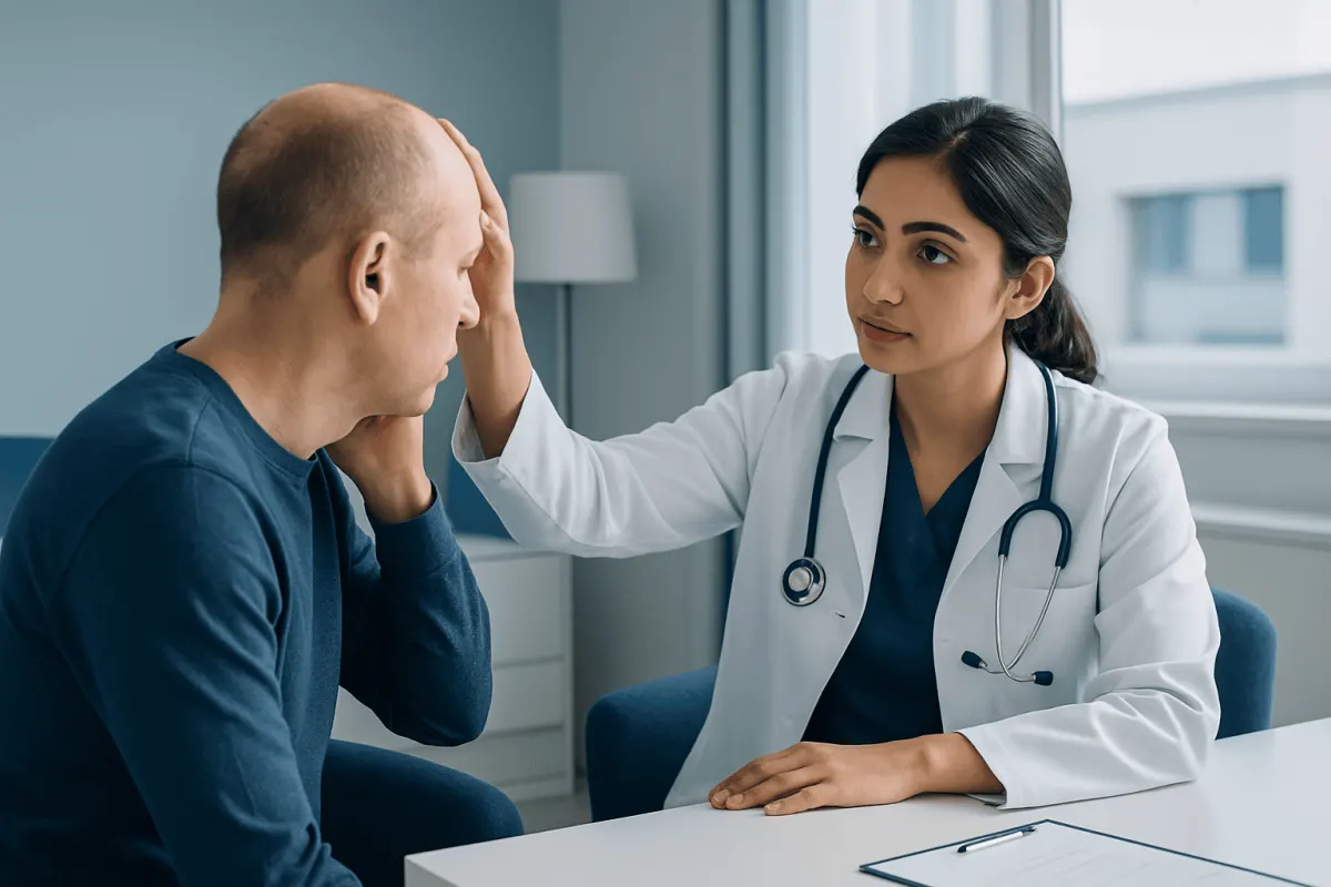 Doctor examining a patient's head for lumps or signs of concern.