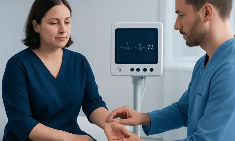 Medical professional checking patient's wrist pulse in hospital setting.