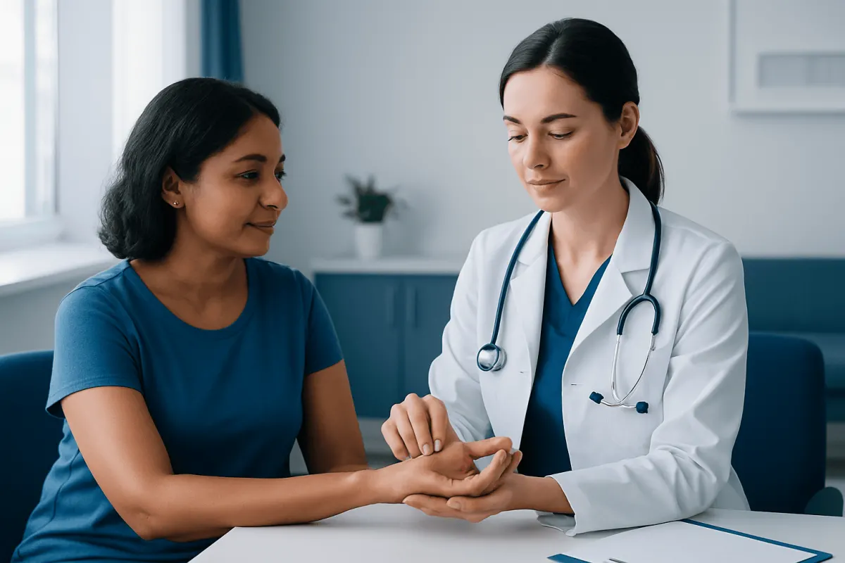 Doctor checking patient's pulse in a medical consultation room.