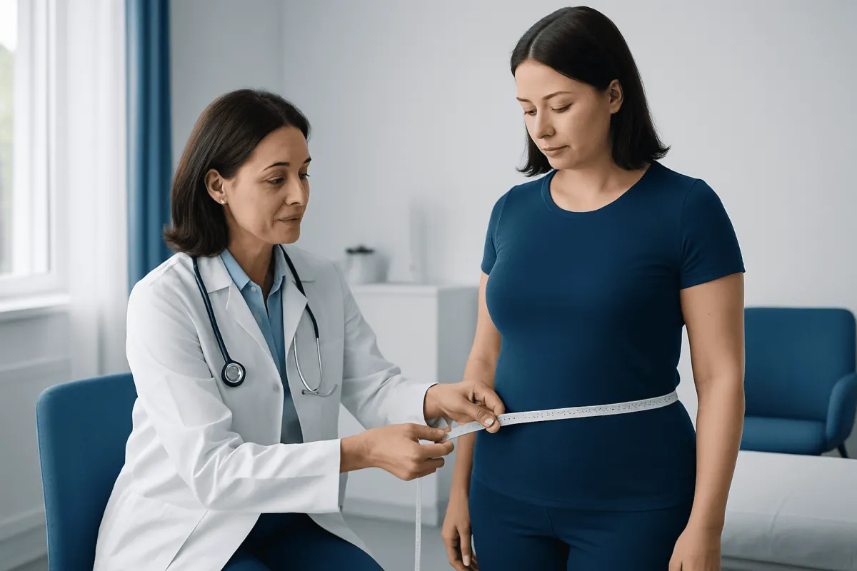 Doctor measuring woman's waist for health assessment at clinic.