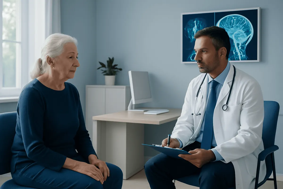 Doctor consulting with an elderly female patient in a medical office.