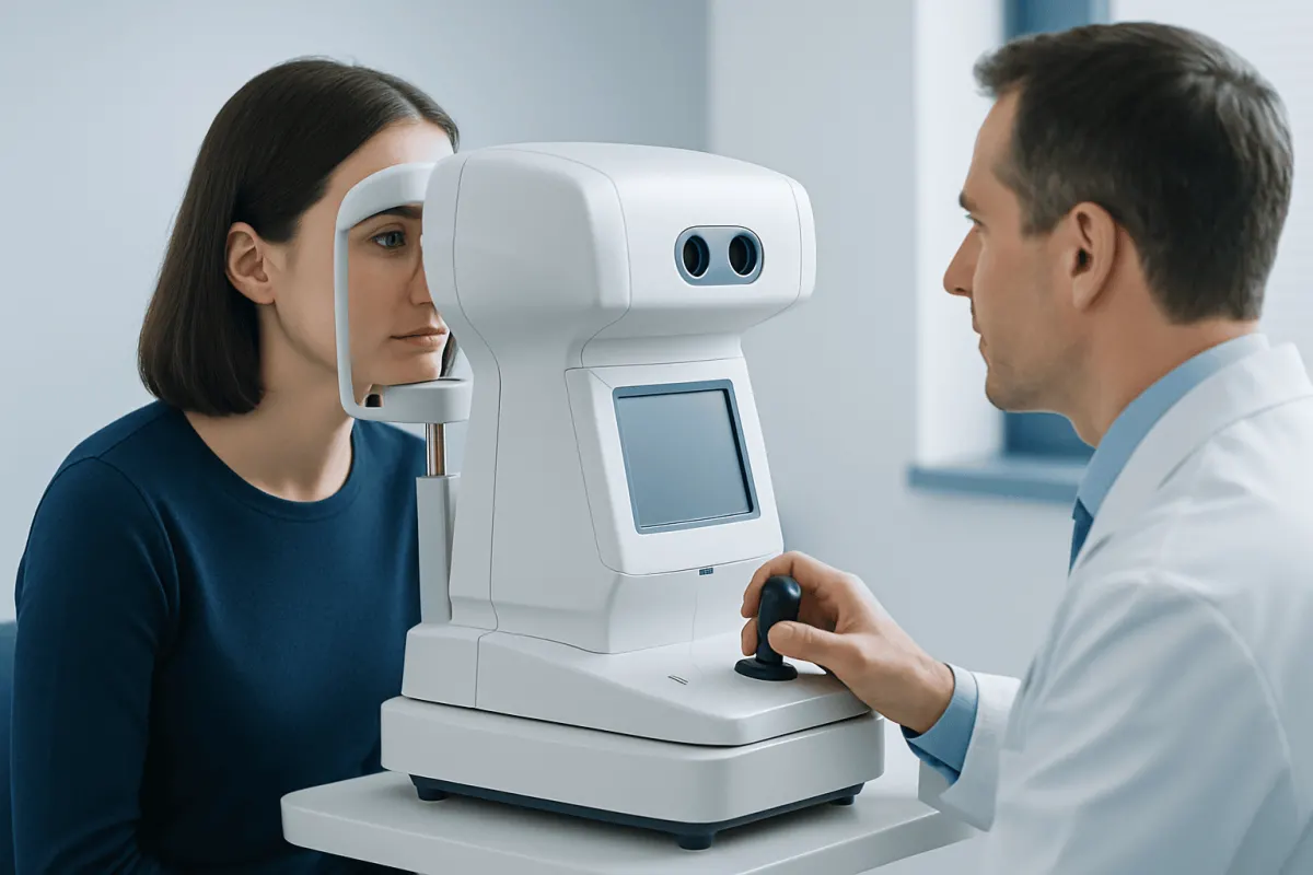 Optometrist performs eye exam using advanced equipment on patient.