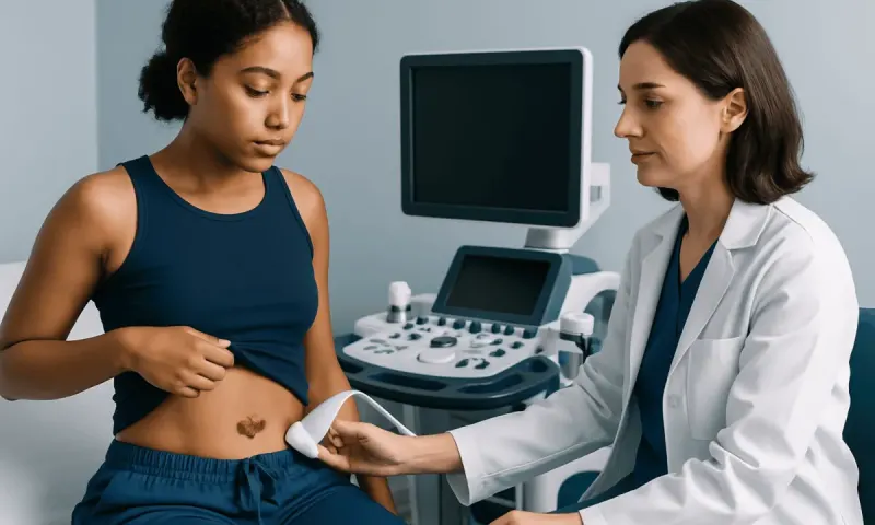 Doctor examining a young woman's abdomen with ultrasound device in clinic.
