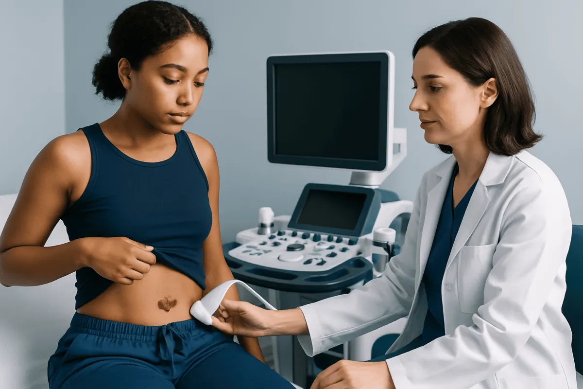 Doctor examining a young woman's abdomen with ultrasound device in clinic.