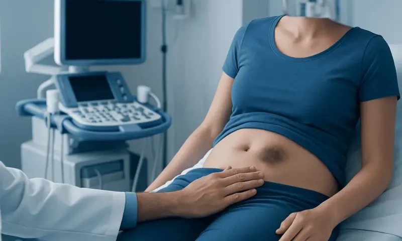 Patient undergoing abdominal examination in a hospital setting.