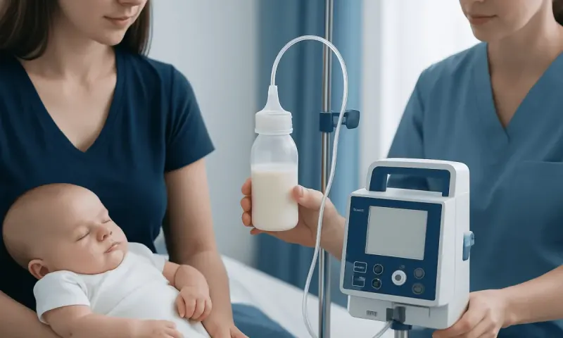 Infant receiving formula milk in hospital setting with healthcare professionals.