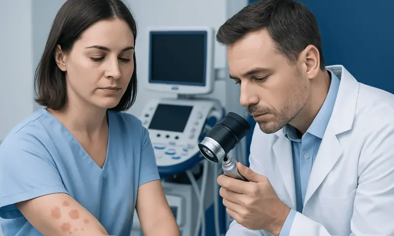 Doctor examining skin rash on patient's arm with microscope in clinic.
