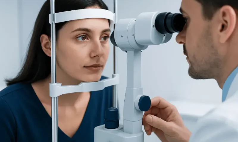 Ophthalmologist examining a patient's eye with a slit lamp microscope.