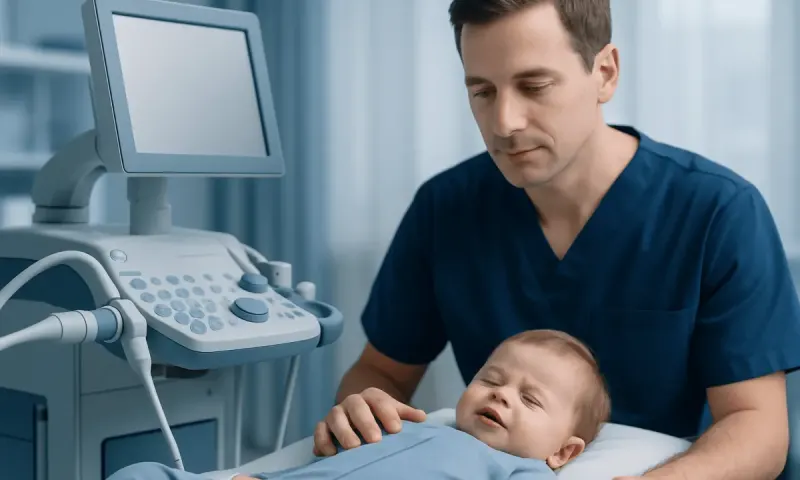 Pediatric doctor performing an ultrasound on a crying baby in a hospital.