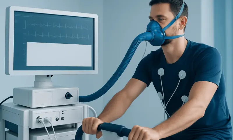 Man undergoing medical test with breathing mask and ECG monitor.