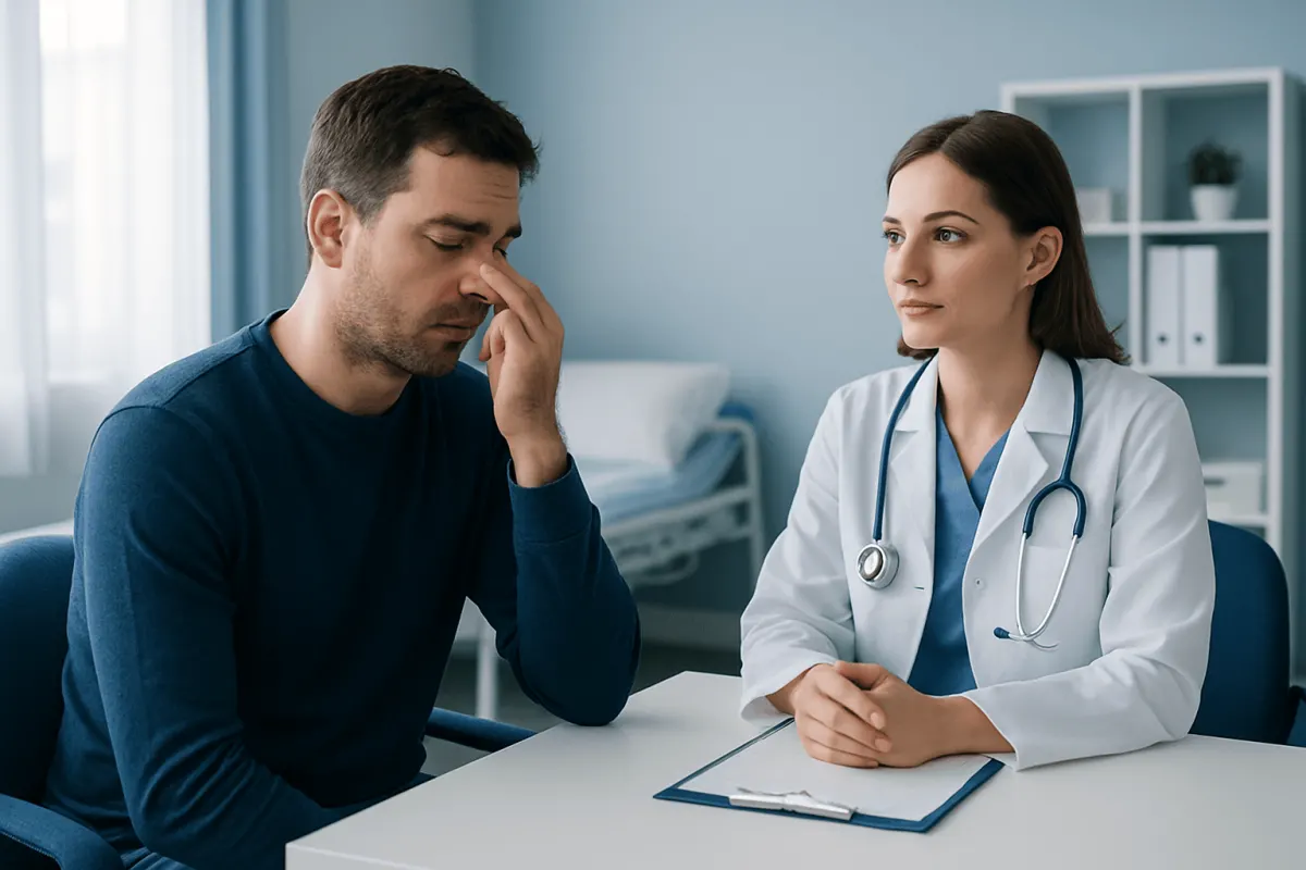 Man with blocked nose consulting doctor in a medical office.