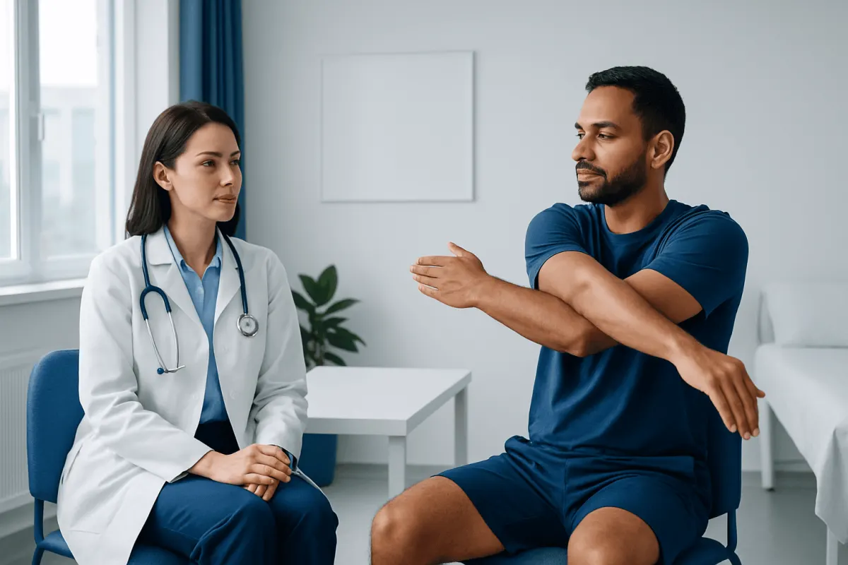 Doctor examining a patient's shoulder in a clinical setting.
