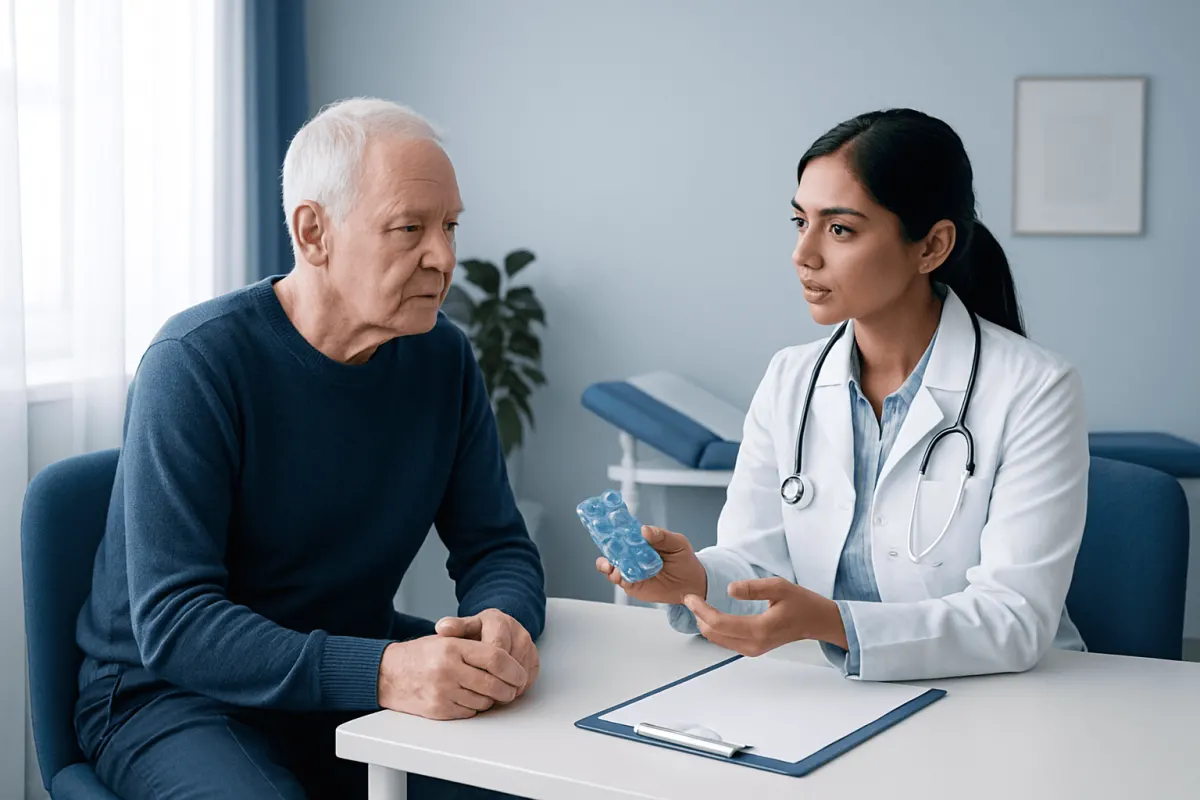 Doctor explaining medication to elderly patient in clinic setting.