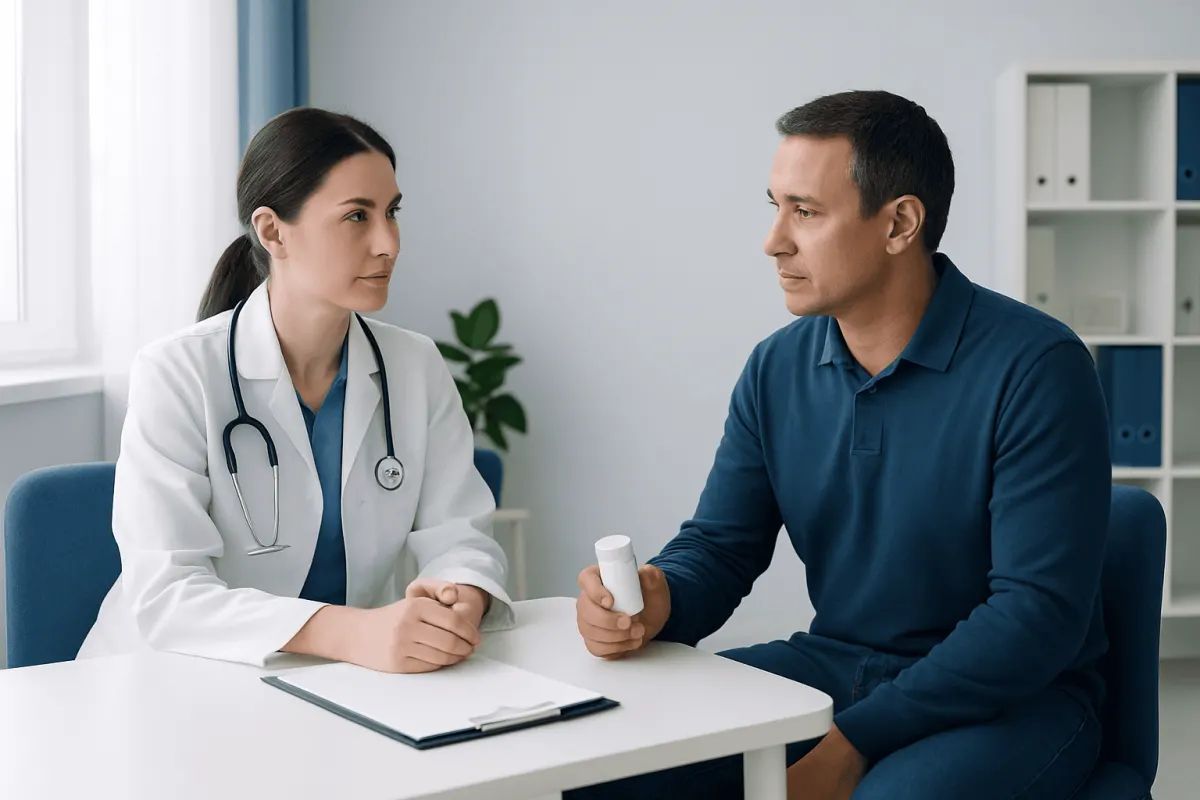 Doctor consulting with a patient in a medical office setting.