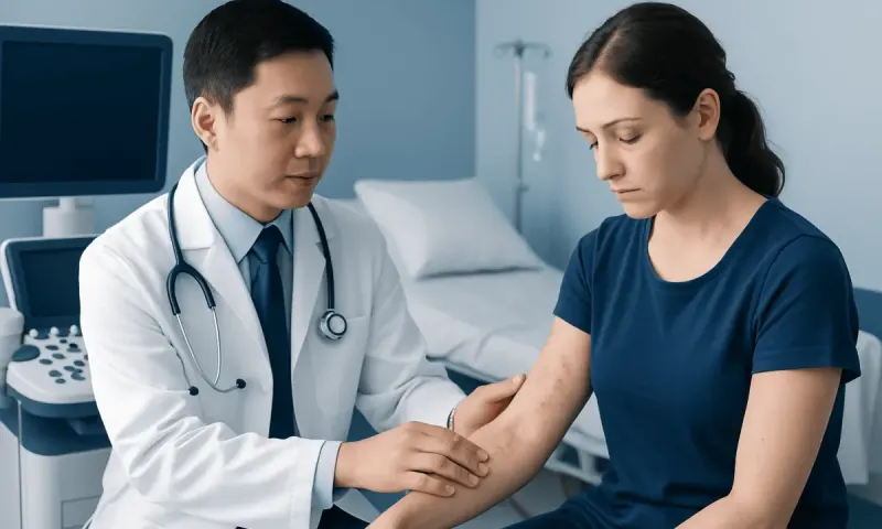 Doctor examining patient's arm in a hospital setting.