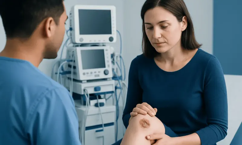 Doctor examining patient's knee in a medical clinic setting.