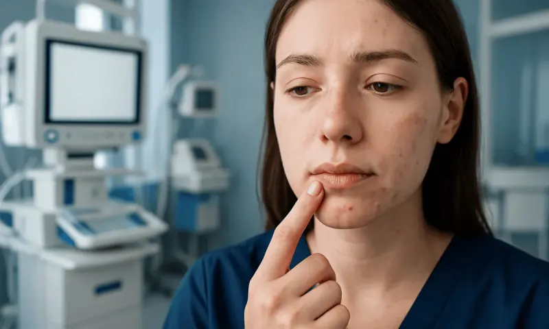 Young woman contemplating pimple on lip line in medical setting.