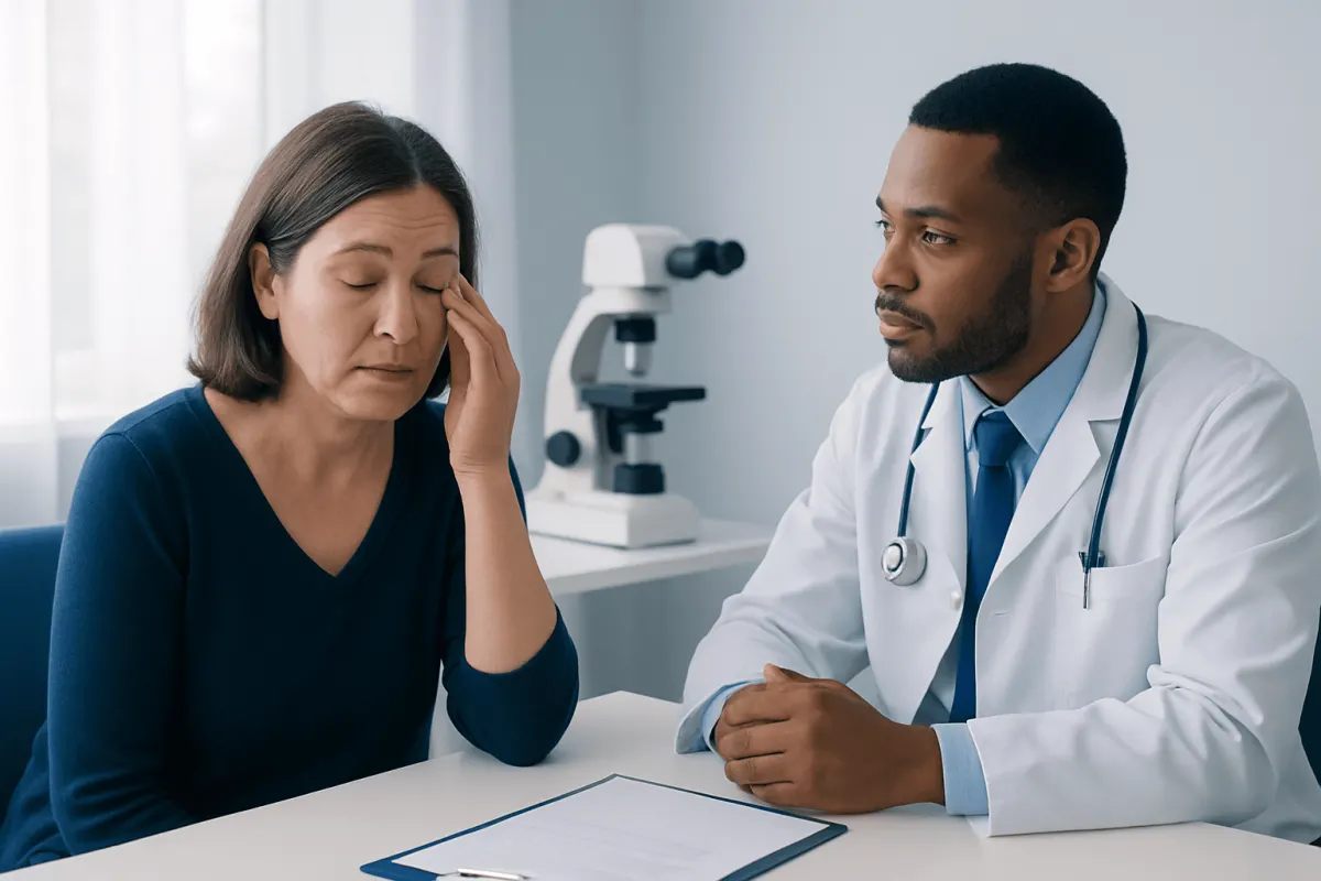 Patient consulting with doctor about eye health in clinic setting.