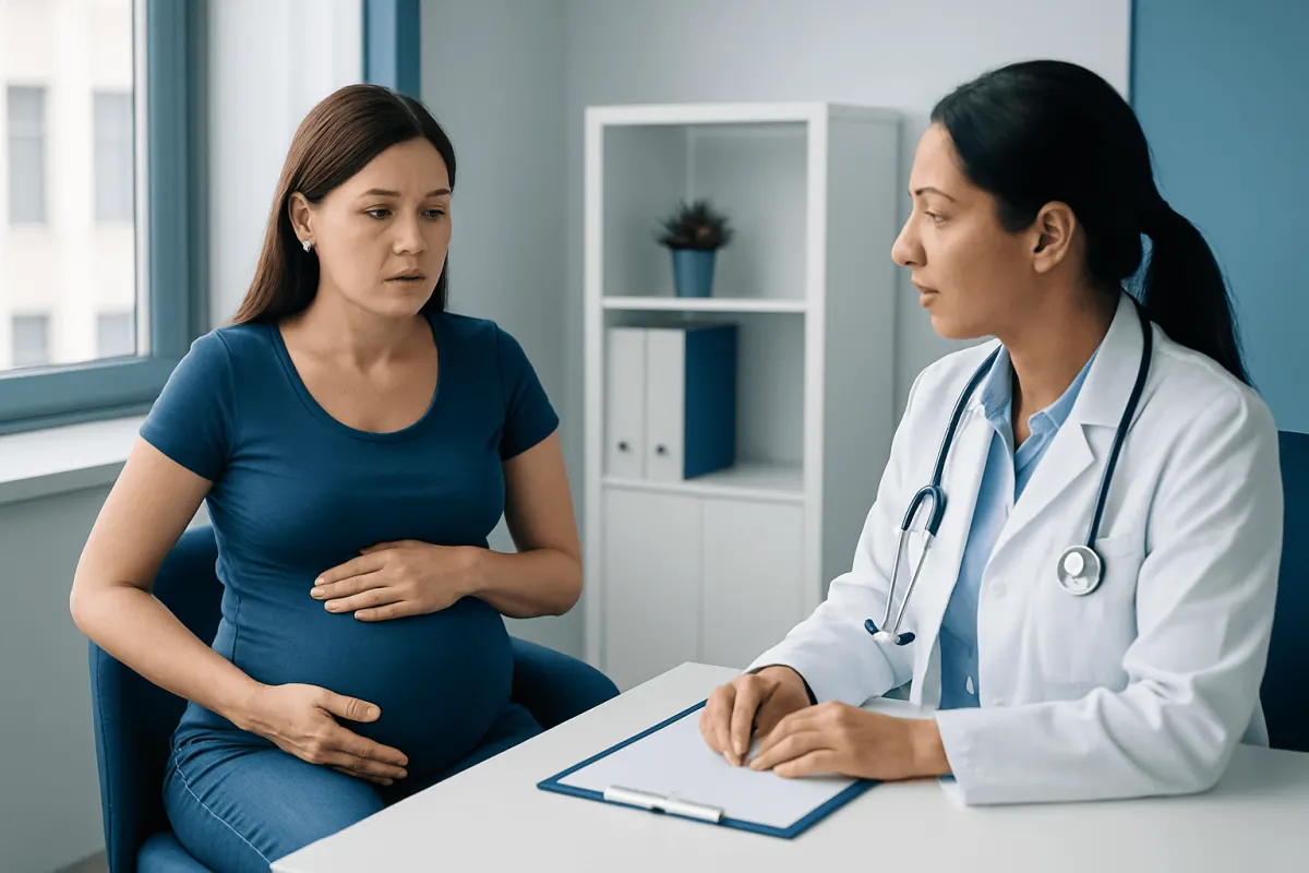 Pregnant woman consulting with a doctor in a medical office.