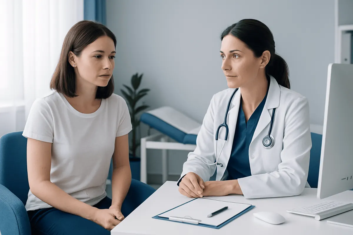 Doctor consulting with a young woman patient in a medical office.