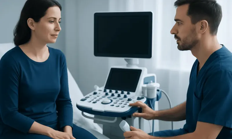 Doctor performing an ultrasound exam on a female patient in a medical clinic.