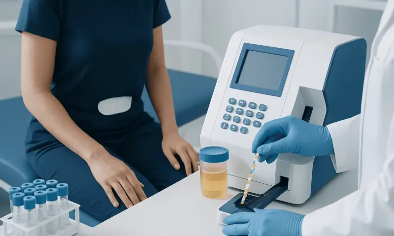 Urinalysis test being performed for UTI detection in a clinical setting.