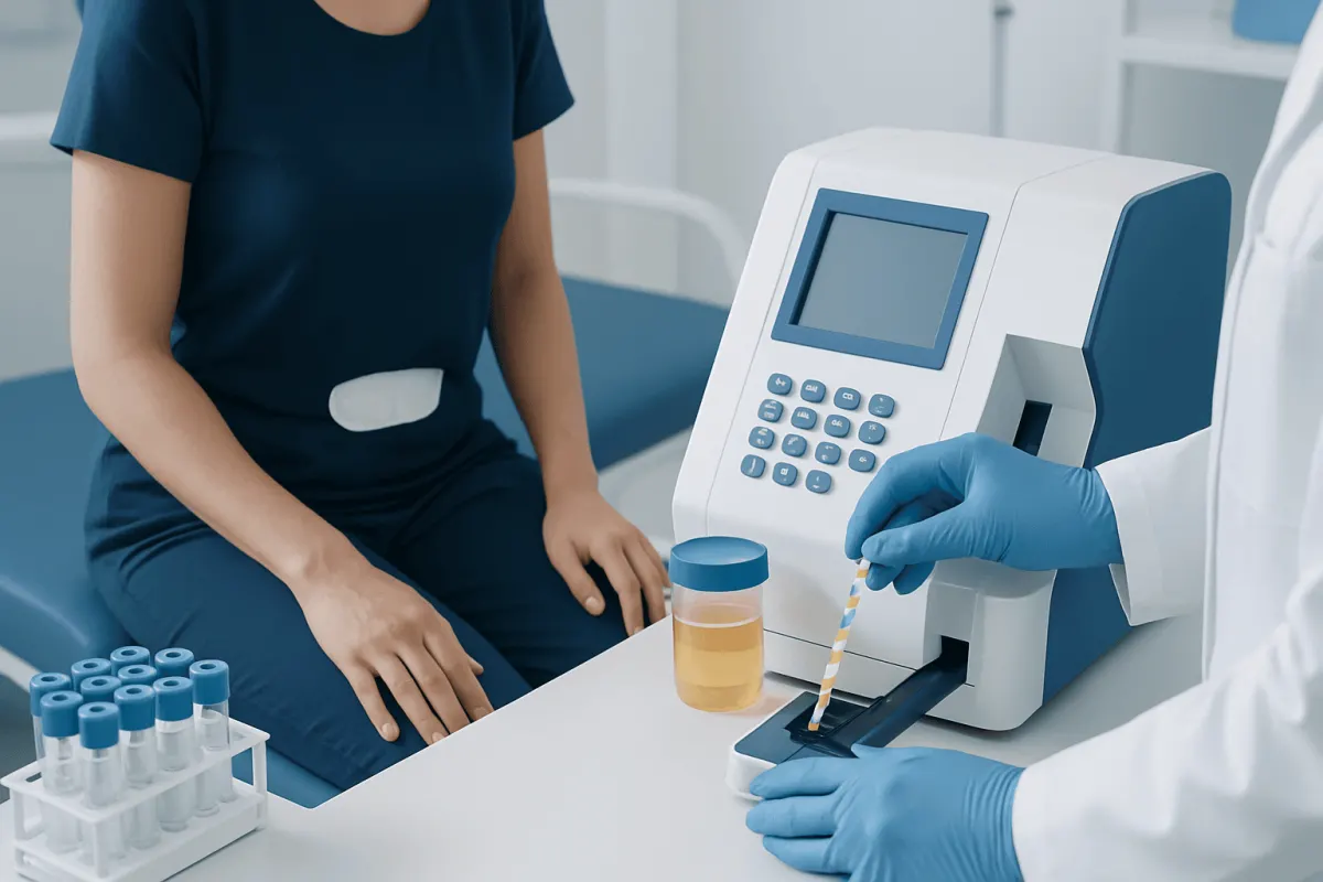 Urinalysis test being performed for UTI detection in a clinical setting.