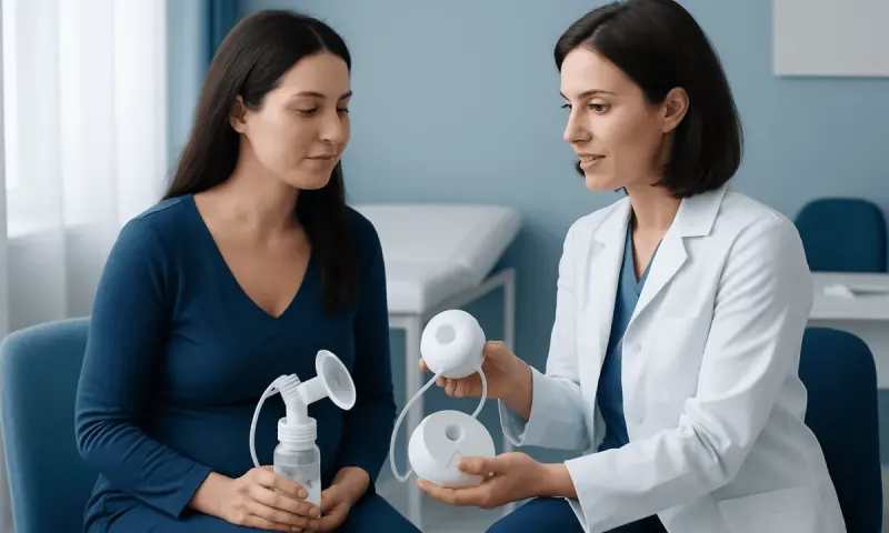 Medical professional explaining breast pump to patient in clinic setting.