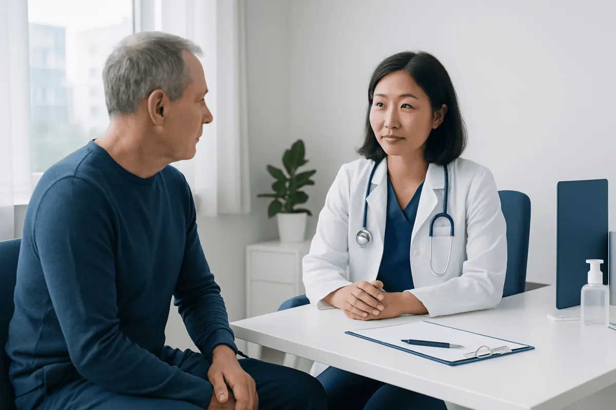 Doctor consulting with an elderly male patient in a modern hospital office.