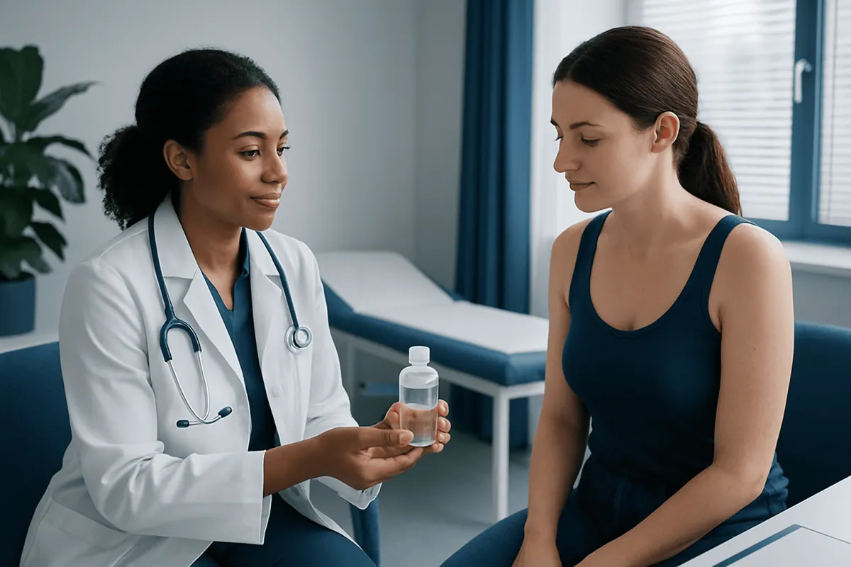 Doctor explaining saline solution to patient in a medical consultation room.