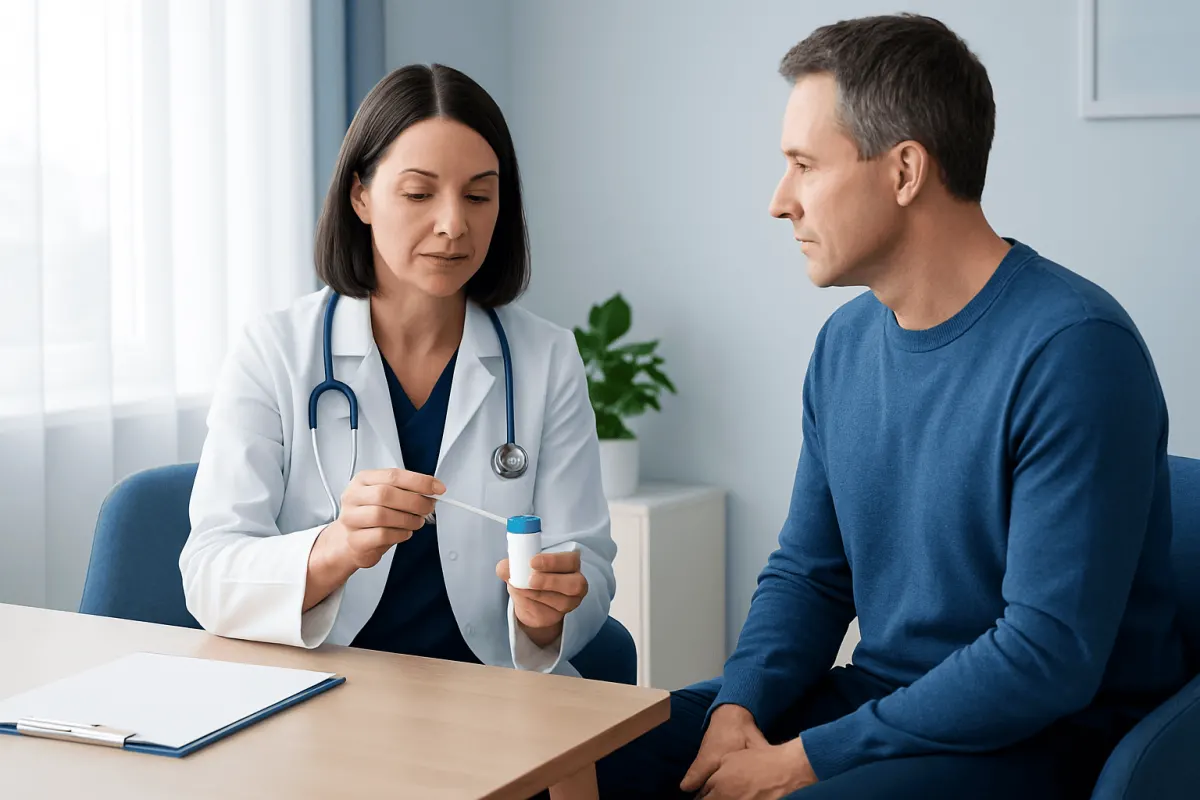 Doctor explaining stool test kit to patient in consultation room.