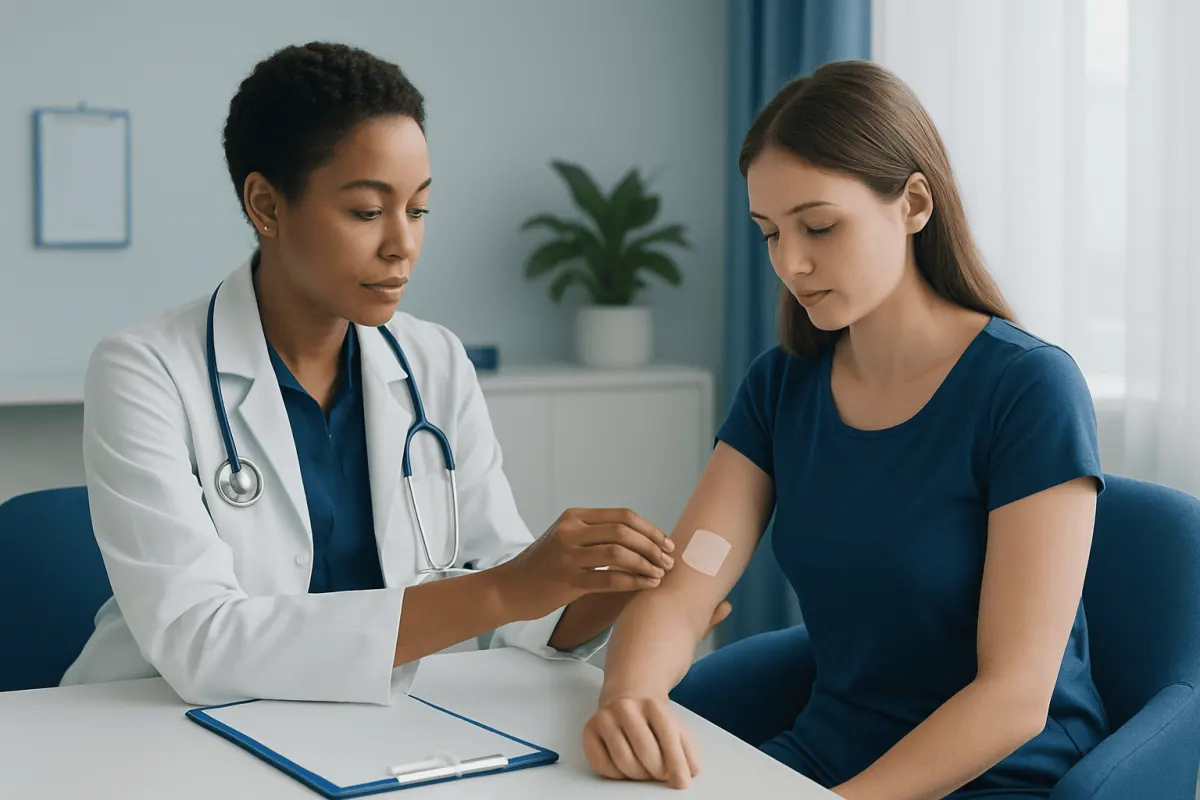 Doctor applying a bandage to a young woman's arm in a clinical setting.