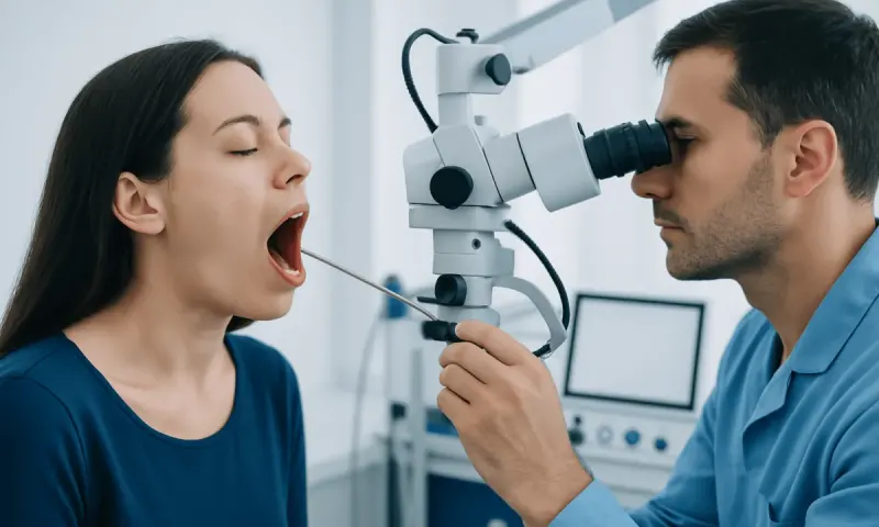 ENT specialist examines throat with a microscope during a consultation.