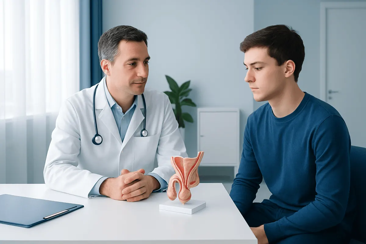 Urologist explaining testicular health to a young male patient.