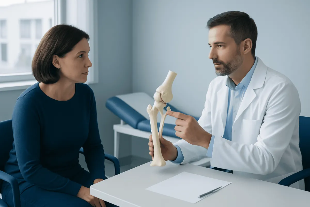 Orthopedic doctor explaining hip replacement to patient with model.