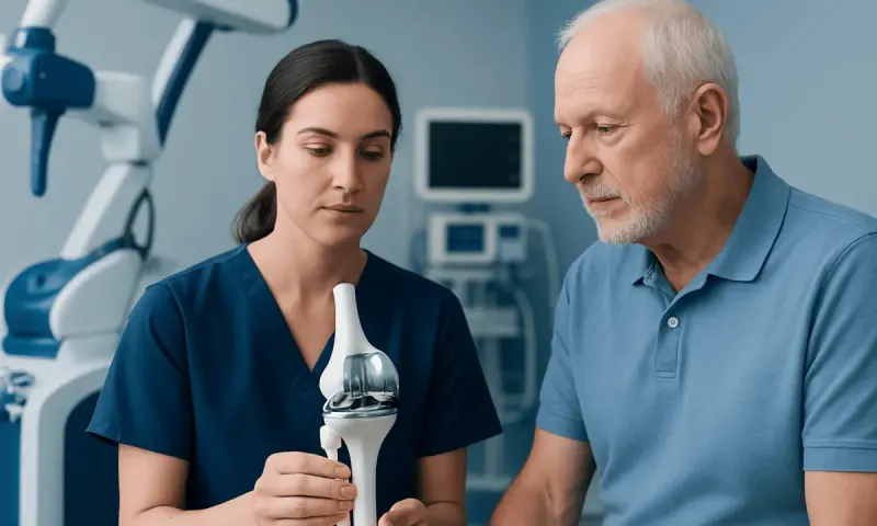 Orthopedic specialist explaining knee replacement model to patient in clinic.
