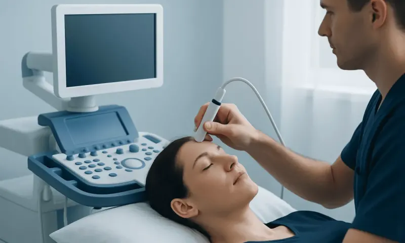 Medical professional performing transcranial ultrasound on patient in hospital.