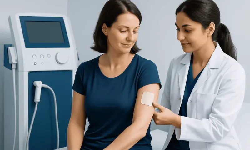 Medical professional applying a transdermal patch to a patient's arm.