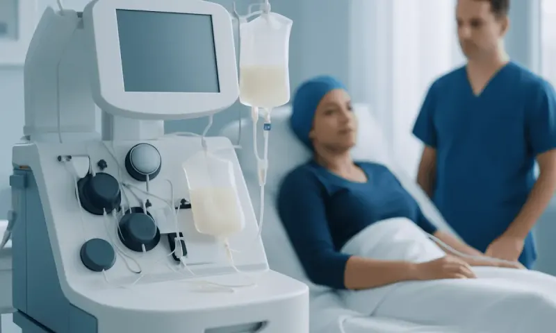 Medical dialysis machine in hospital room with patient and healthcare professional.