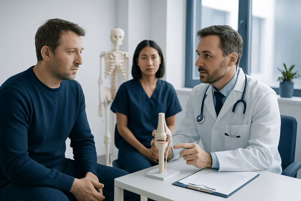 Doctor explaining ankle injury to patient in a medical consultation.