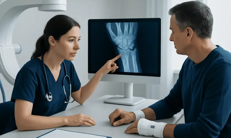 Doctor explains wrist X-ray to patient in a medical consultation room.