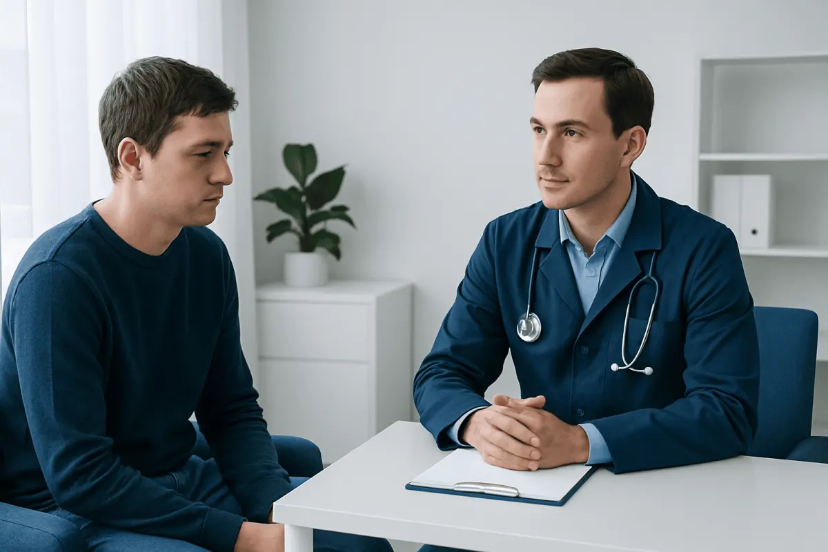 Doctor consulting with a patient in a modern medical office.