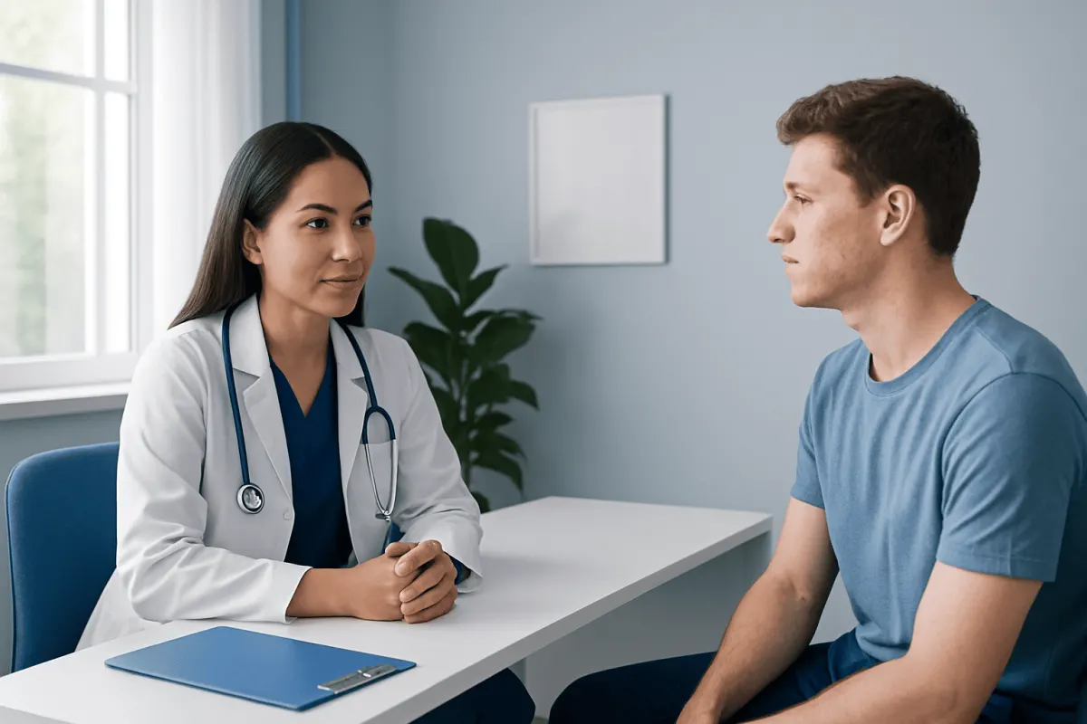 Doctor consulting with a patient in a modern clinic setting.