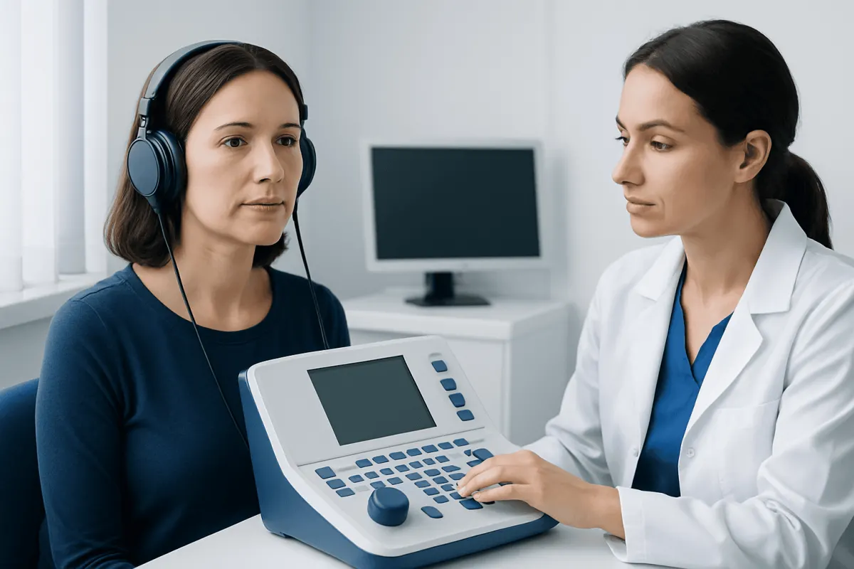 Audiologist conducts auditory processing test on patient in clinic.